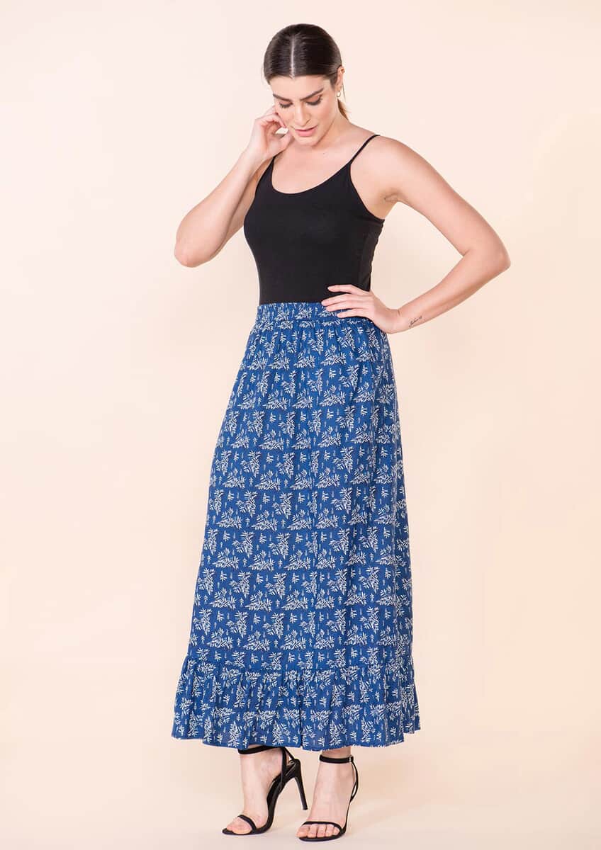 Tamsy Blue Floral Printed Staple Skirt - L image number 4