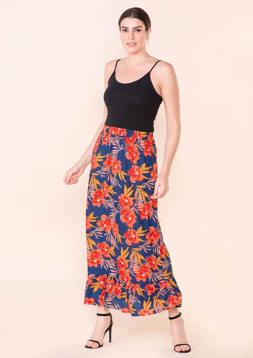 Tamsy Navy Blue Floral Print Staple Skirt - M image number 0