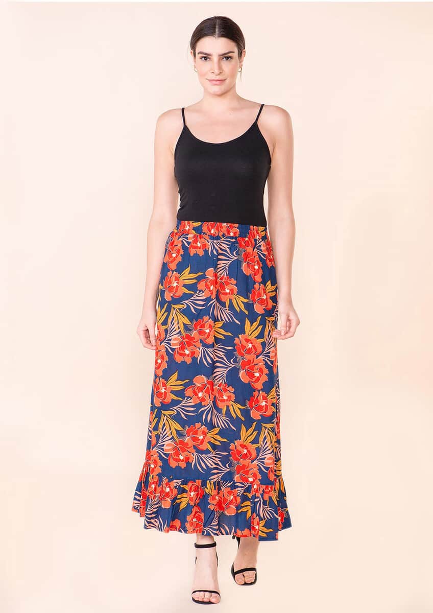 Tamsy Navy Blue Floral Print Staple Skirt - M image number 2