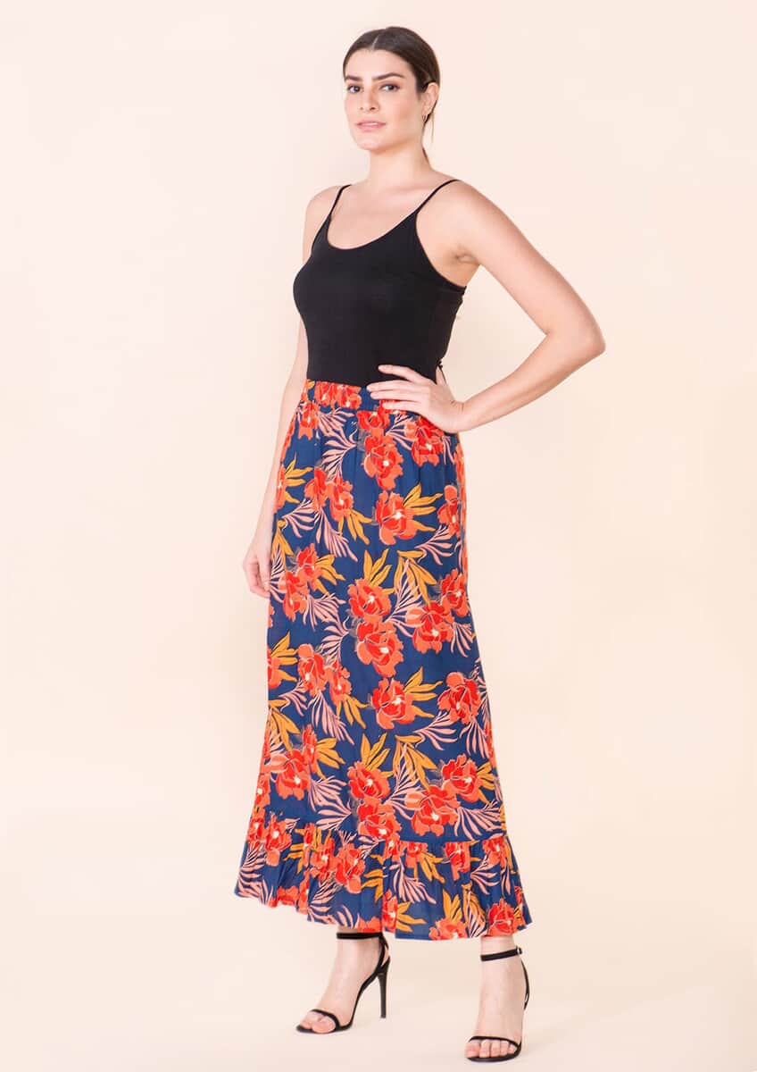 Tamsy Navy Blue Floral Print Staple Skirt - M image number 3