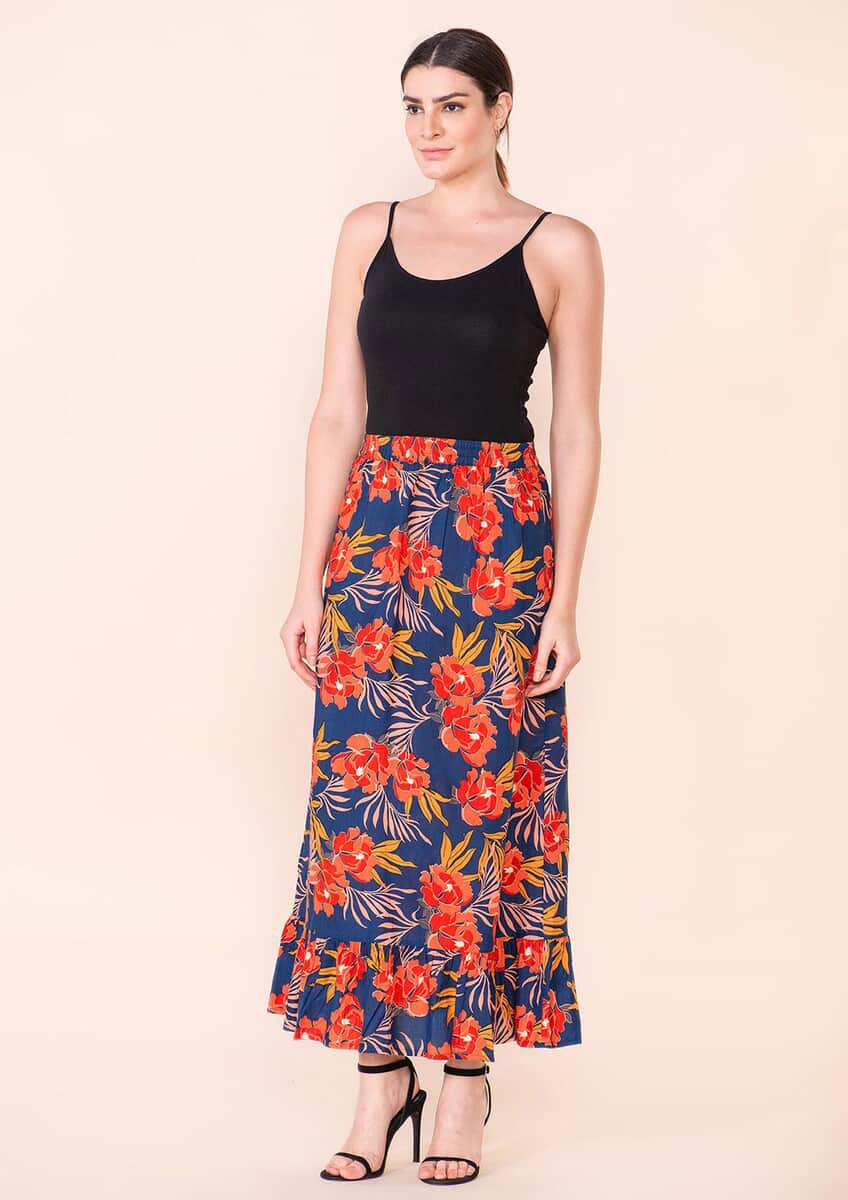 Tamsy Navy Blue Floral Print Staple Skirt - M image number 4