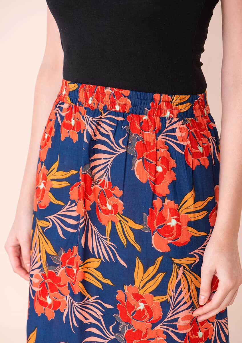 Tamsy Navy Blue Floral Print Staple Skirt - M image number 5