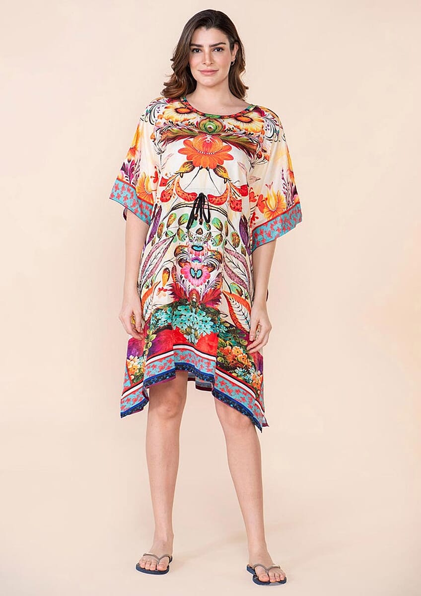 Tamsy Beige Botanical Digital Printed Short Kaftan with Drawstring - One Size Fits Most image number 0