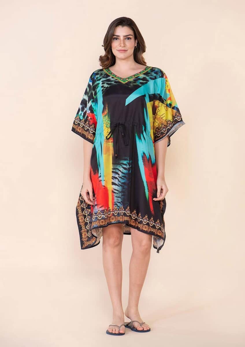 Tamsy Black Electro Digital Printed Short Kaftan with Drawstring - One Size Fits Most image number 0