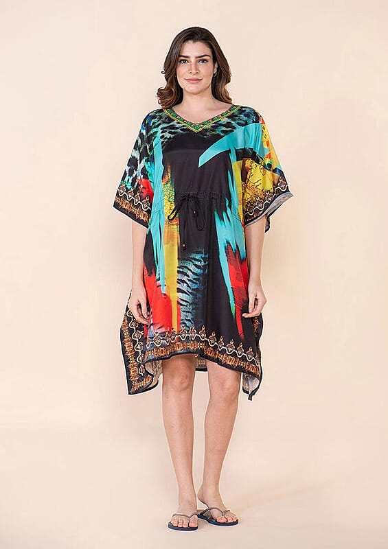 Tamsy Black Electro Digital Printed Short Kaftan with Drawstring - One Size Fits Most