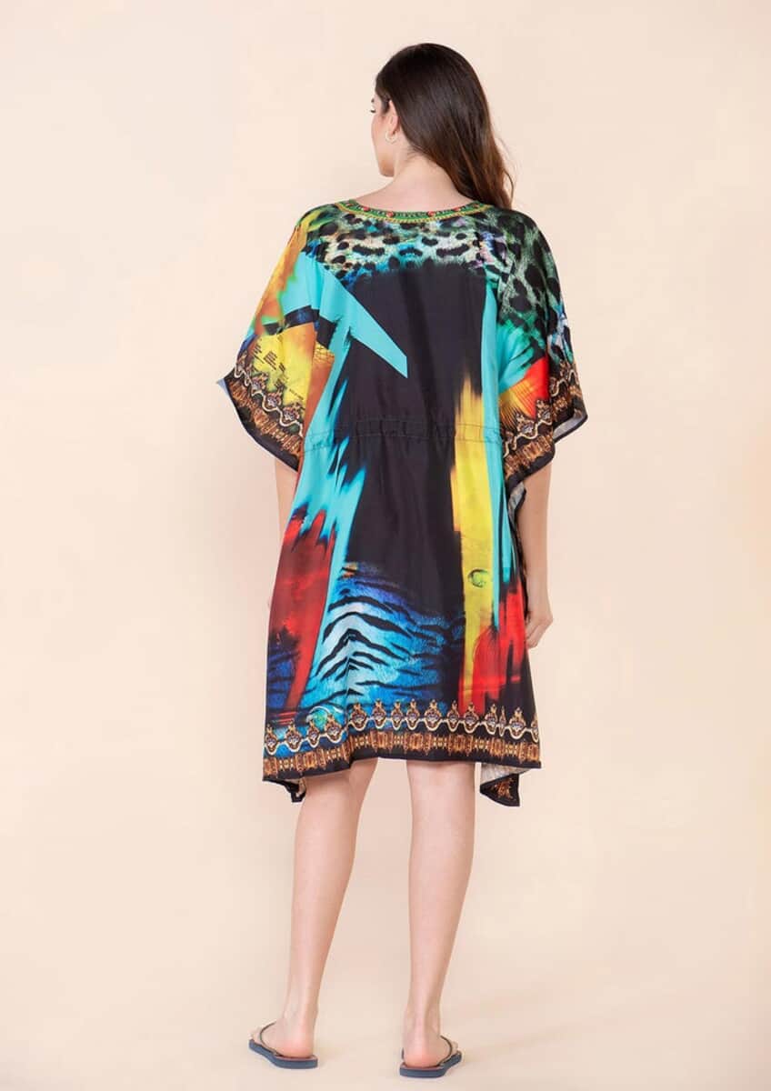 Tamsy Black Electro Digital Printed Short Kaftan with Drawstring - One Size Fits Most image number 1