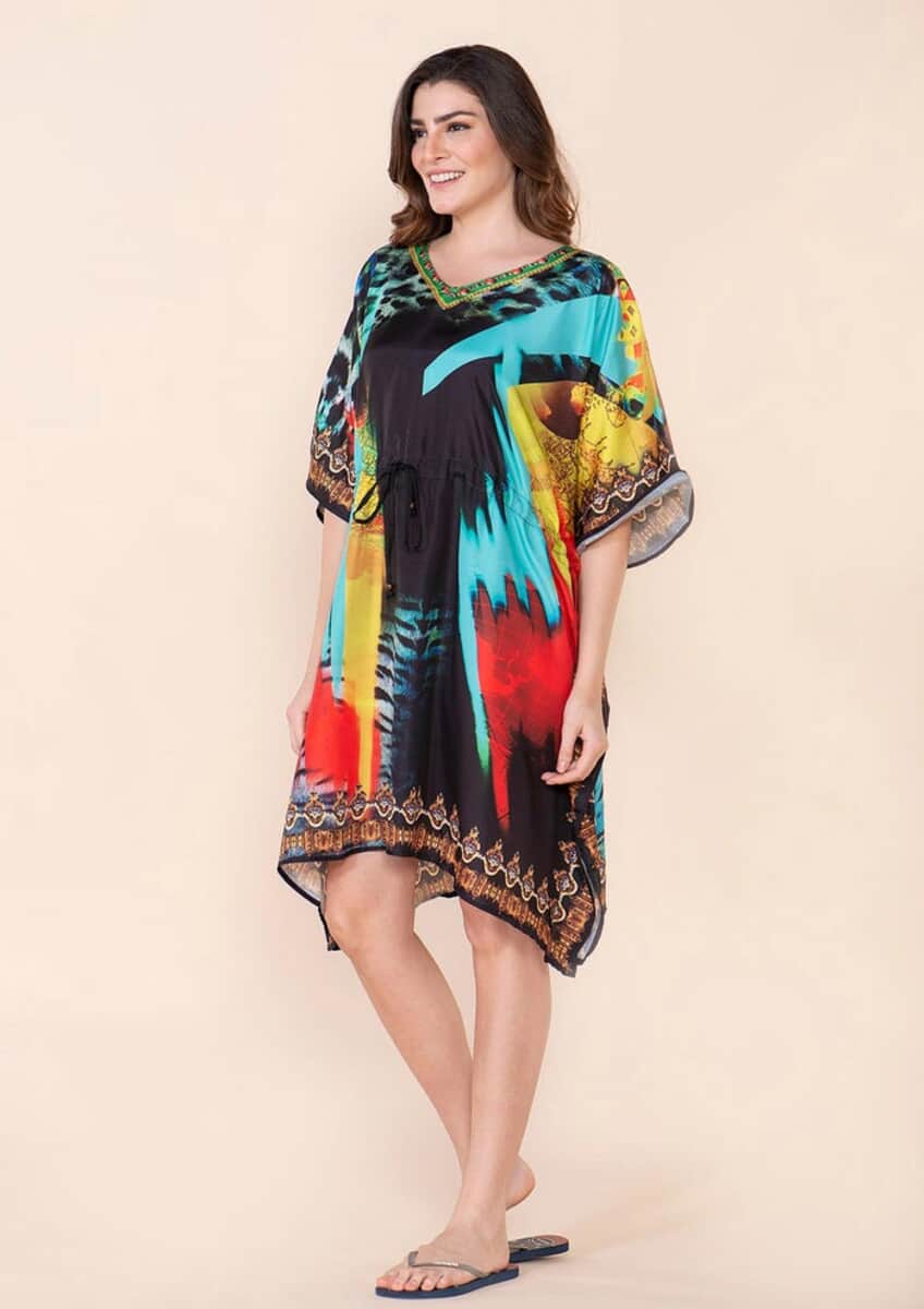 Tamsy Black Electro Digital Printed Short Kaftan with Drawstring - One Size Fits Most image number 2