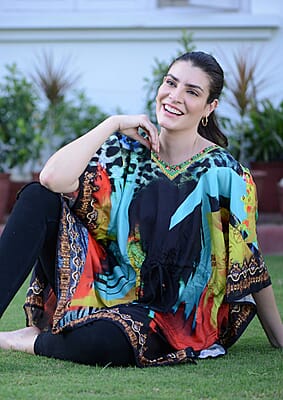 Tamsy Black Electro Digital Printed Short Kaftan with Drawstring - One Size Fits Most