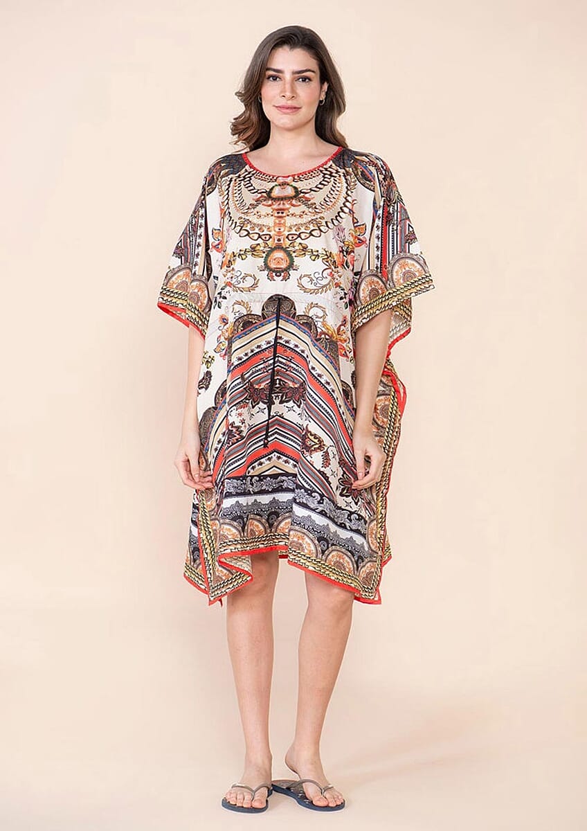 Tamsy Light Brown Aztec Digital Printed Short Kaftan with Drawstring - One Size Fits Most image number 0