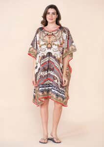 TAMSY Beige Botanical Digital Printed Short Kaftan with Drawstring - One Size Fits Most