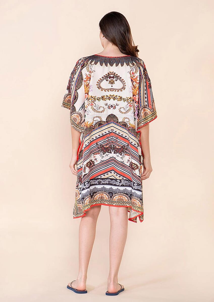 Tamsy Light Brown Aztec Digital Printed Short Kaftan with Drawstring - One Size Fits Most image number 1