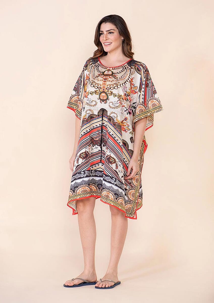 Tamsy Light Brown Aztec Digital Printed Short Kaftan with Drawstring - One Size Fits Most image number 2
