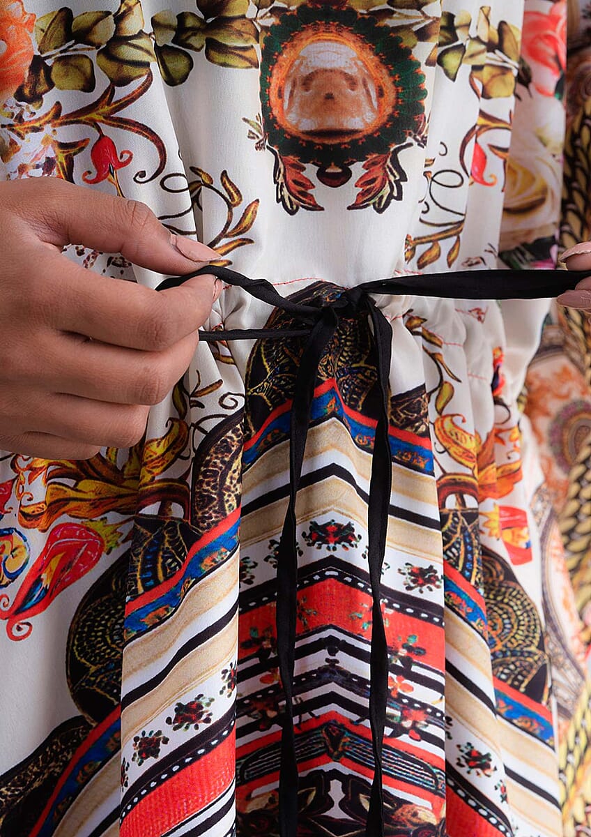 Tamsy Light Brown Aztec Digital Printed Short Kaftan with Drawstring - One Size Fits Most image number 4