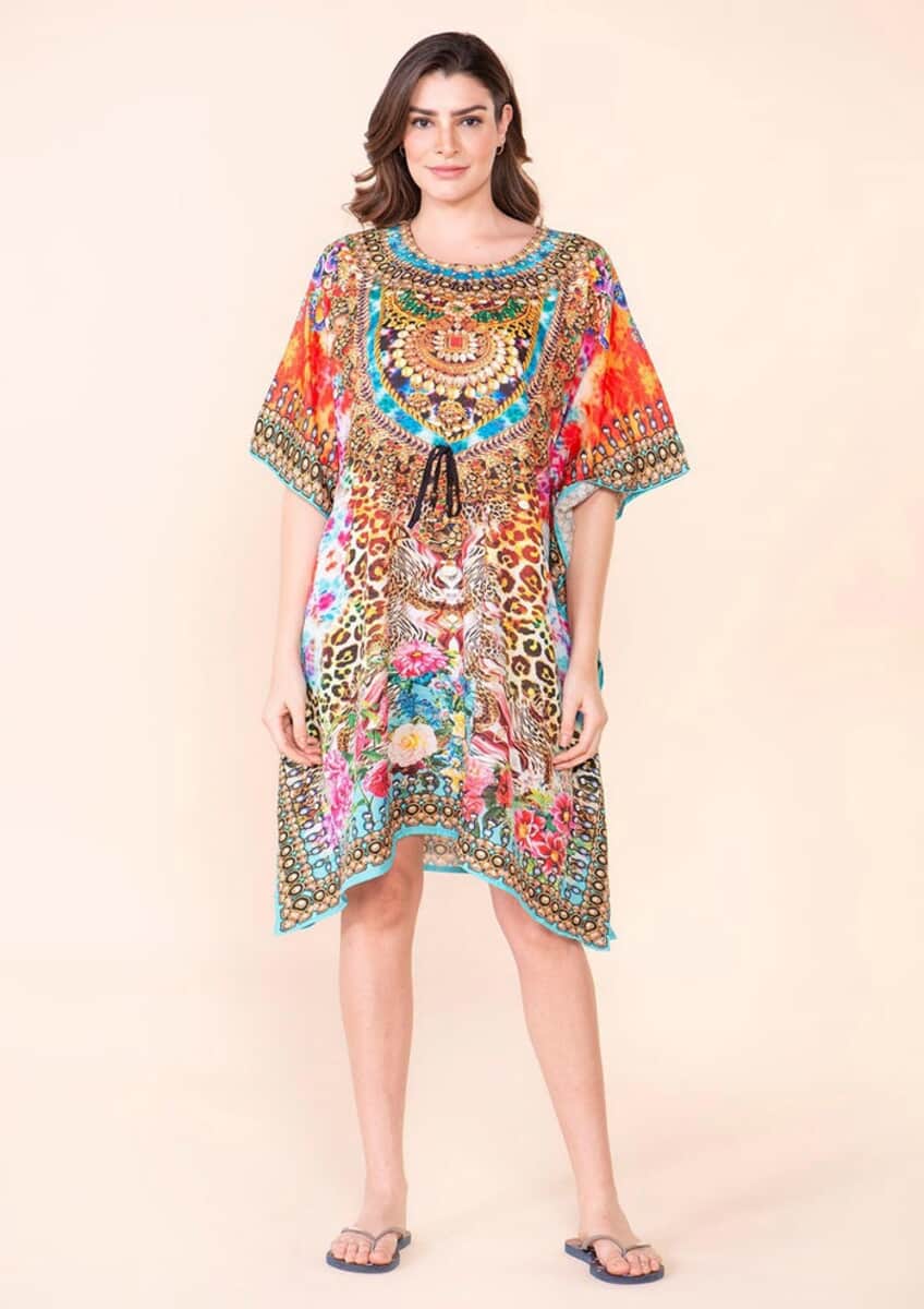 Tamsy Blue Floral Digital Printed Short Kaftan with Drawstring - One Size Fits Most image number 0