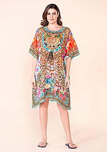 Tamsy Blue Floral Digital Printed Short Kaftan with Drawstring - One Size Fits Most
