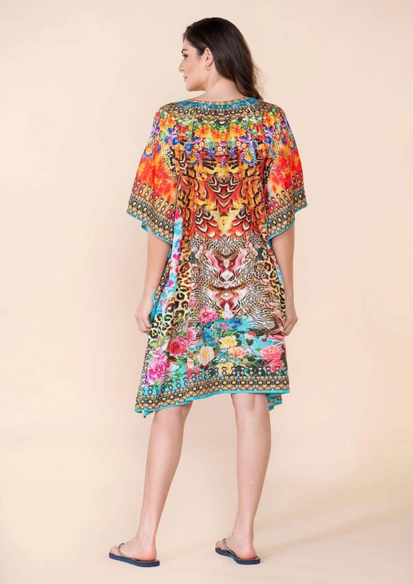 Tamsy Blue Floral Digital Printed Short Kaftan with Drawstring - One Size Fits Most image number 1