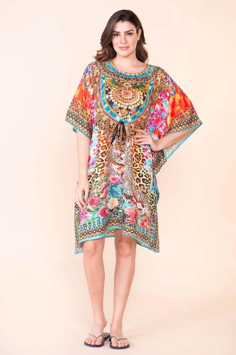 Tamsy Blue Floral Digital Printed Short Kaftan with Drawstring - One Size Fits Most image number 2