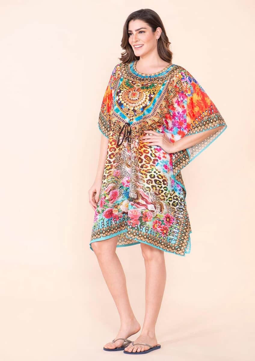 Tamsy Blue Floral Digital Printed Short Kaftan with Drawstring - One Size Fits Most image number 3