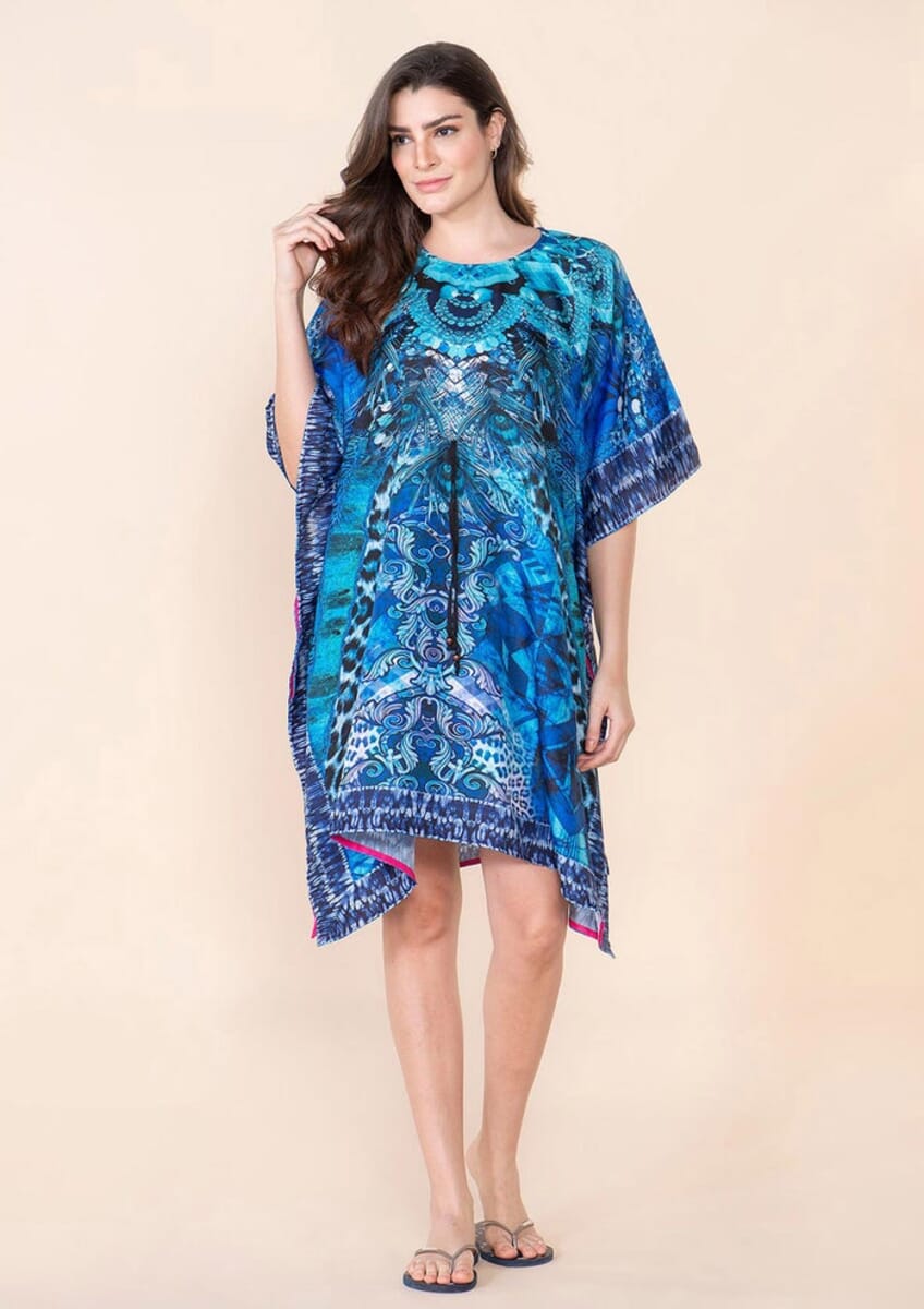 Tamsy Dark Blue Fantasy Digital Printed Short Kaftan with Drawstring - One Size Fits Most image number 0