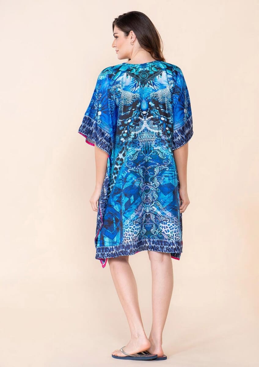 Tamsy Dark Blue Fantasy Digital Printed Short Kaftan with Drawstring - One Size Fits Most image number 1