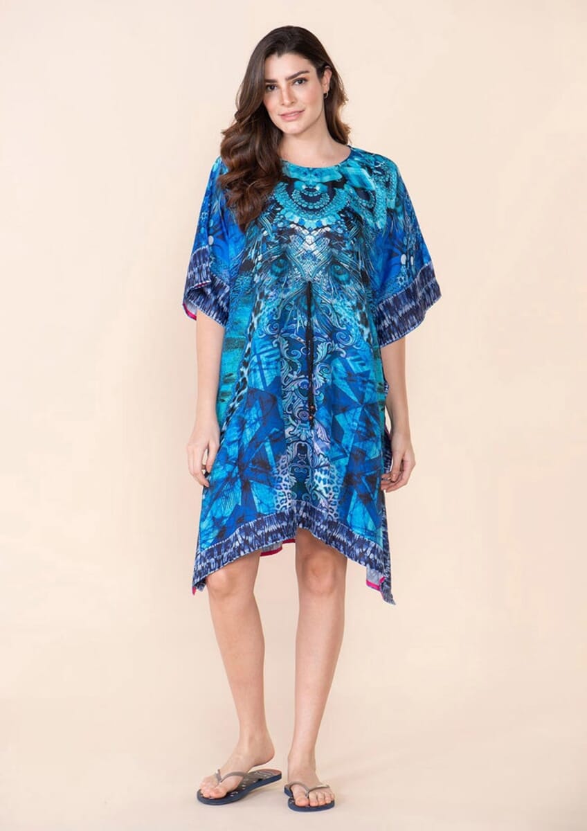 Tamsy Dark Blue Fantasy Digital Printed Short Kaftan with Drawstring - One Size Fits Most image number 2