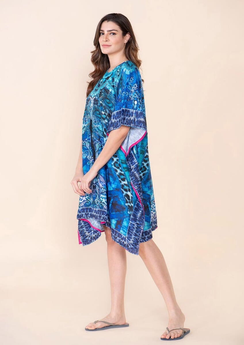 Tamsy Dark Blue Fantasy Digital Printed Short Kaftan with Drawstring - One Size Fits Most image number 3