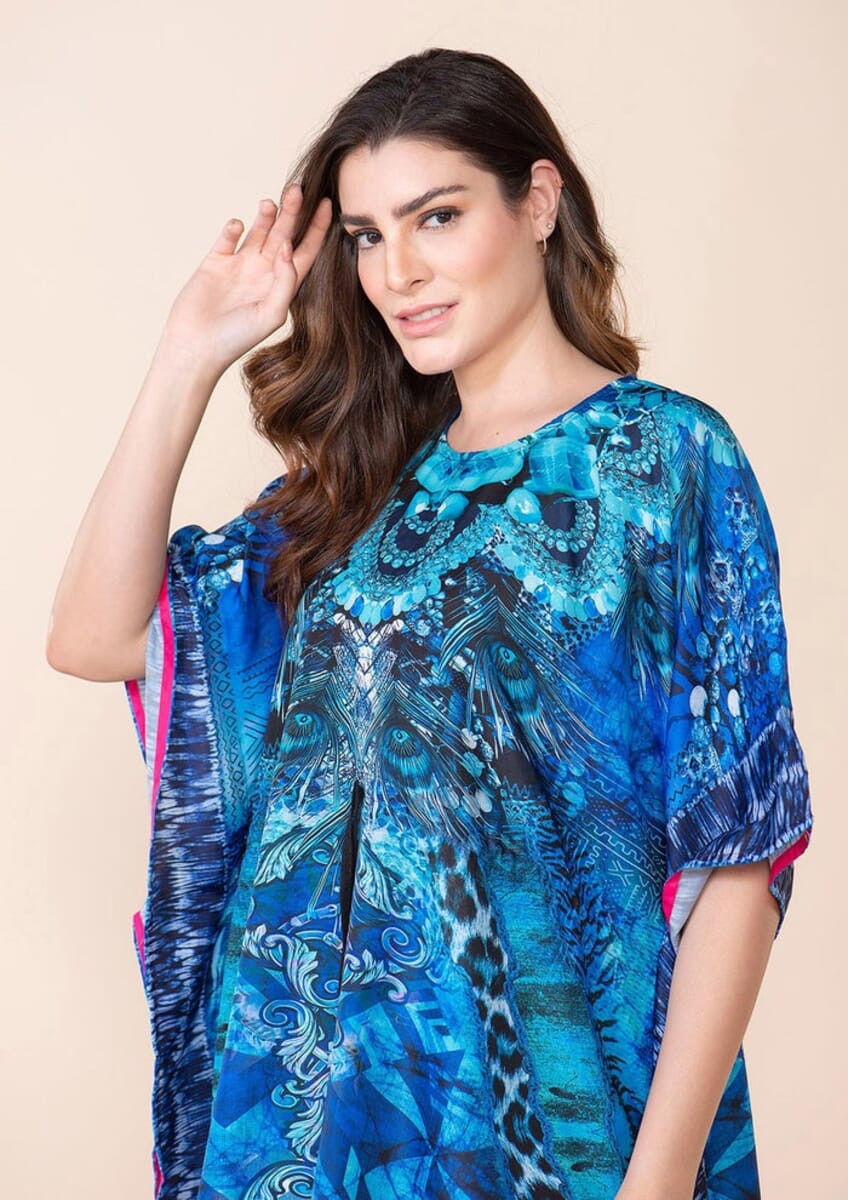 Tamsy Dark Blue Fantasy Digital Printed Short Kaftan with Drawstring - One Size Fits Most image number 4