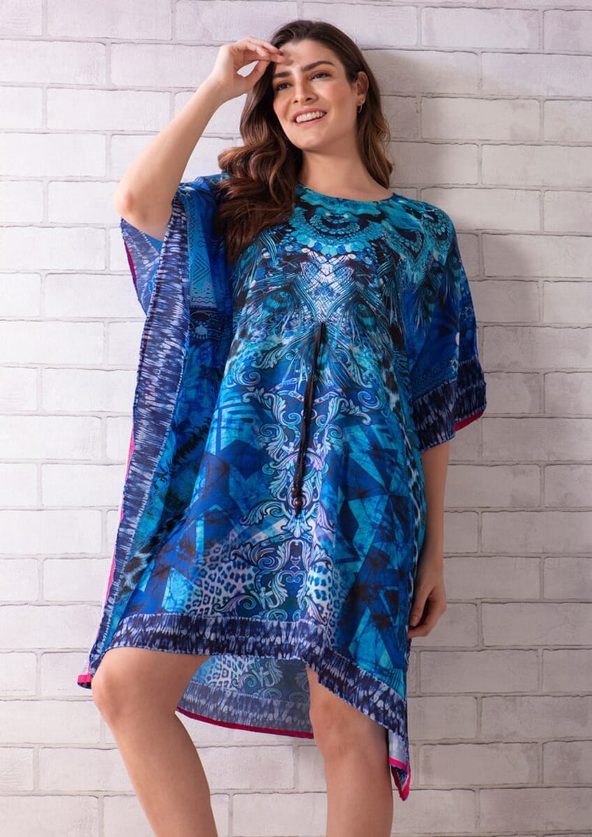 Tamsy Dark Blue Fantasy Digital Printed Short Kaftan with Drawstring - One Size Fits Most image number 5