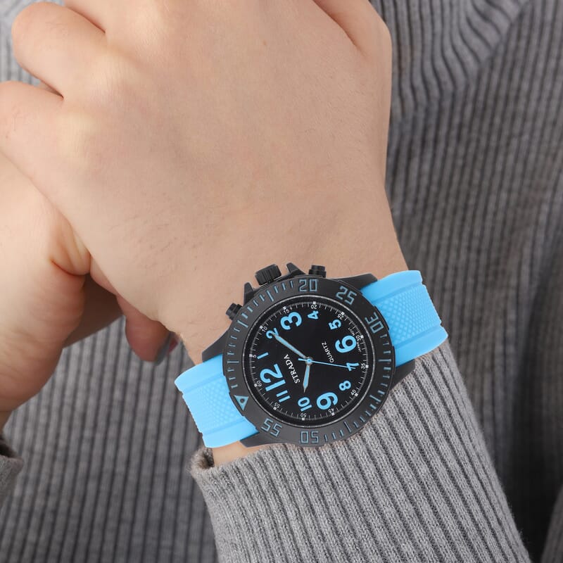 Strada Japanese Movement Black Dial Watch with Blue Silicone Strap