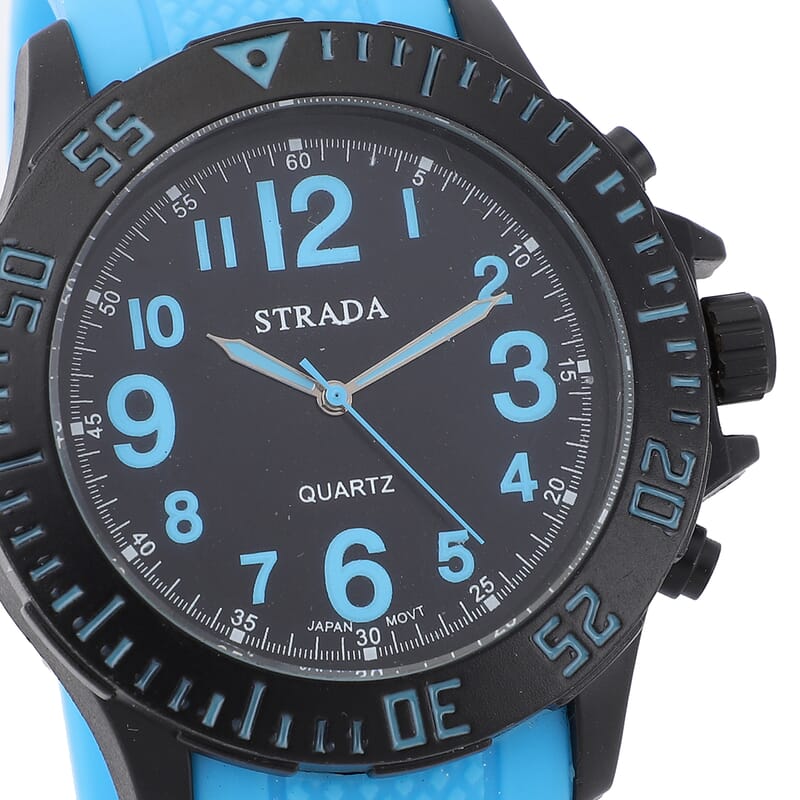 Strada Japanese Movement Black Dial Watch with Blue Silicone Strap