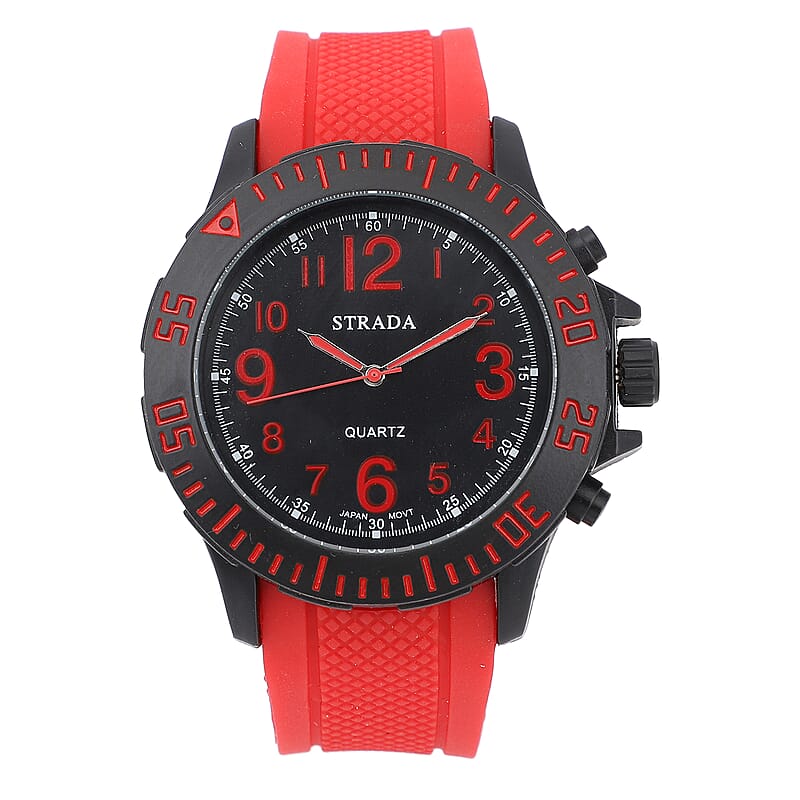 Strada Japanese Movement Black Dial Watch with Red Silicone Strap