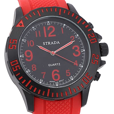 Strada Japanese Movement Black Dial Watch with Red Silicone Strap