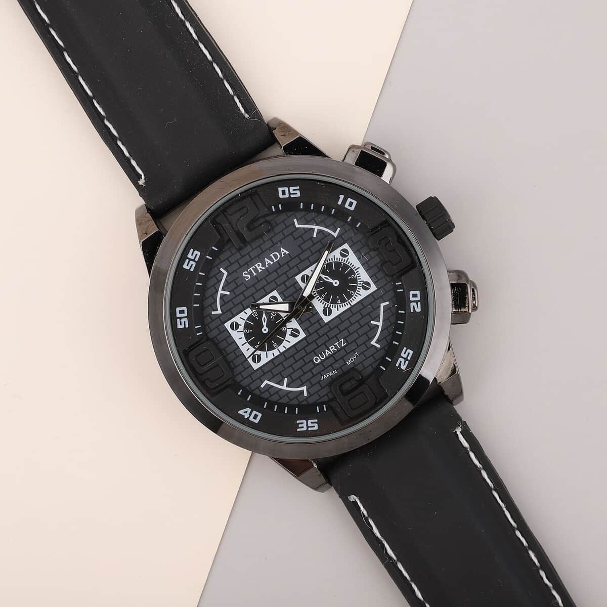 Strada Japanese Movement Sport Look Watch with White Line and Black Silicone Strap (50mm) (8.0-9.50Inches) image number 1