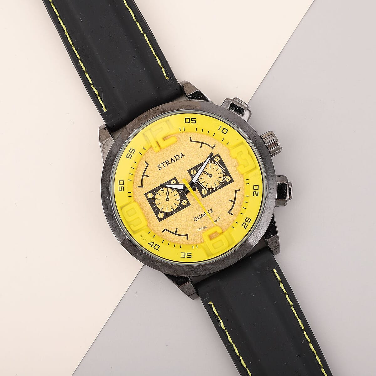 Strada Japanese Movement Sport Look Watch with Yellow Line and Black Silicone Strap (50mm) (8.0-9.50Inches) image number 1