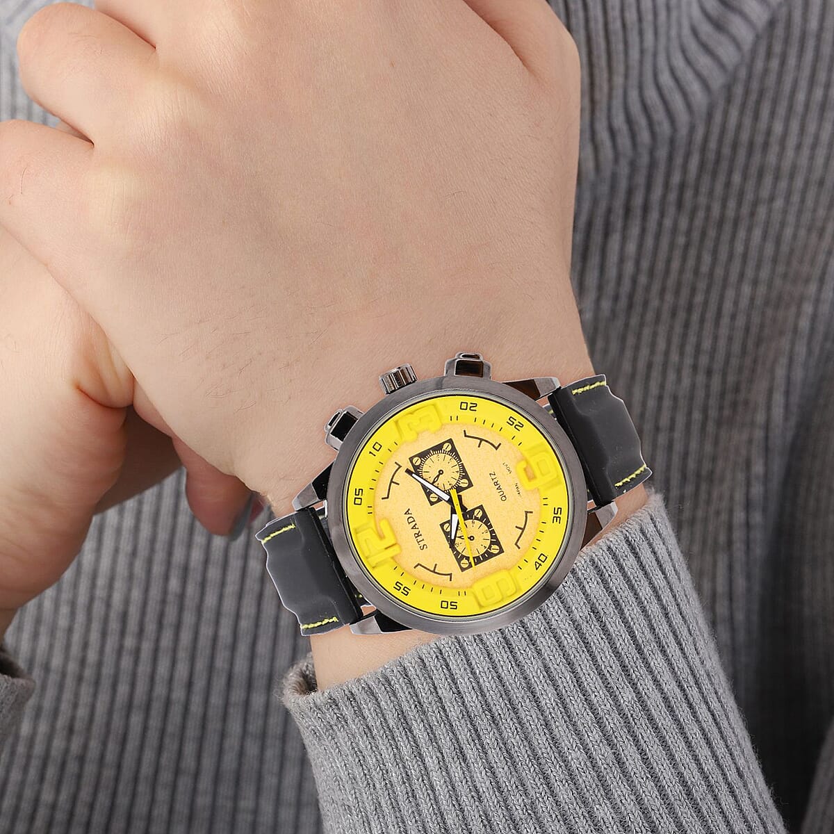 Strada Japanese Movement Sport Look Watch with Yellow Line and Black Silicone Strap (50mm) (8.0-9.50Inches) image number 2