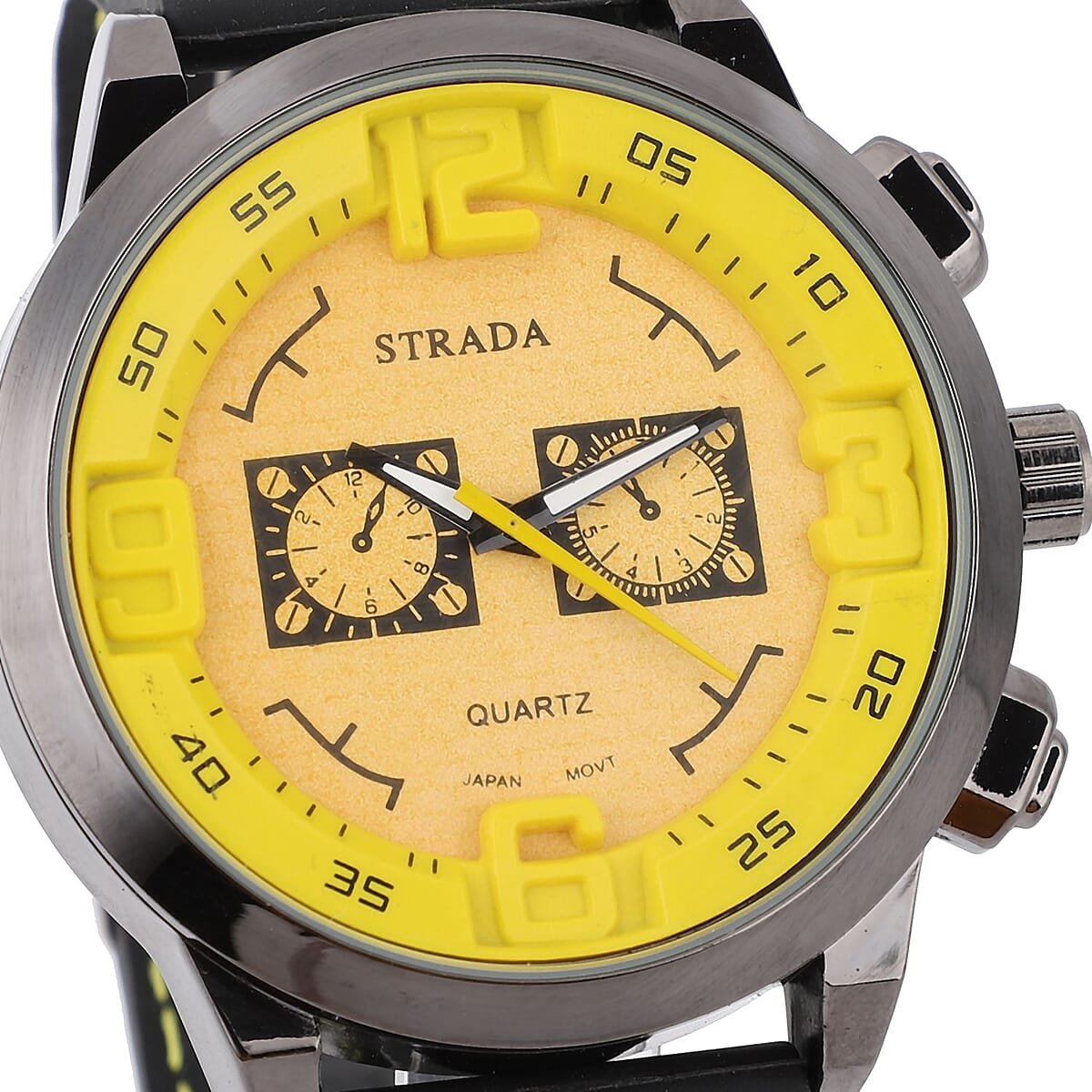 Strada Japanese Movement Sport Look Watch with Yellow Line and Black Silicone Strap (50mm) (8.0-9.50Inches) image number 3