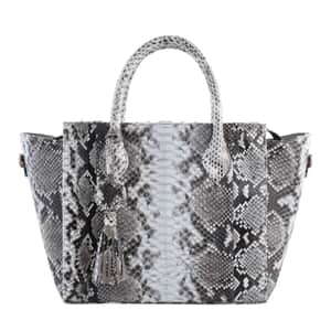 The Grand Pelle Handcrafted Gray with White Color Genuine Python Leather Tote Bag for Women, Satchel Purse, Shoulder Handbag, Designer Tote Bag