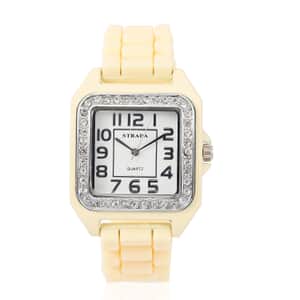 Strada White Austrian Crystal Japanese Movement Square Dial Watch with Chestnut Silicone Strap