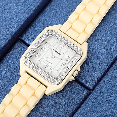 Strada White Austrian Crystal Japanese Movement Square Dial Watch with Chestnut Silicone Strap