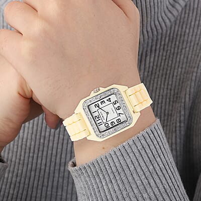 Strada White Austrian Crystal Japanese Movement Square Dial Watch with Chestnut Silicone Strap