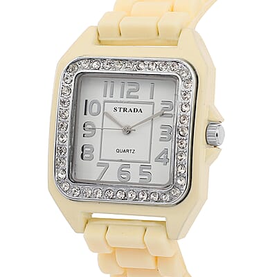 Strada White Austrian Crystal Japanese Movement Square Dial Watch with Chestnut Silicone Strap