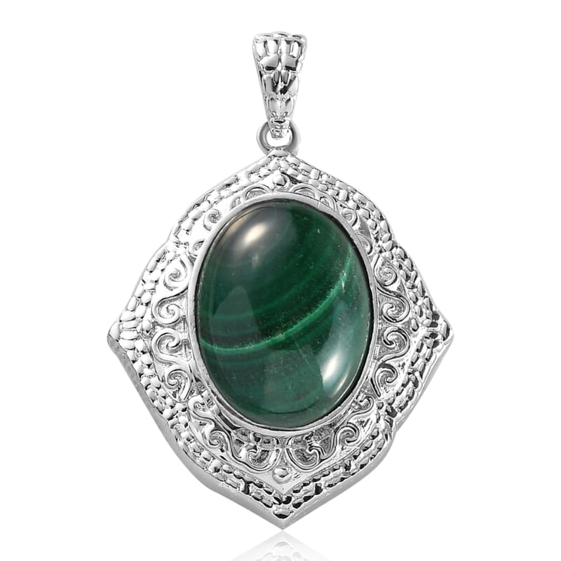 African Malachite Solitaire Pendant in Platinum Over Copper with Magnet 11.50 ctw
