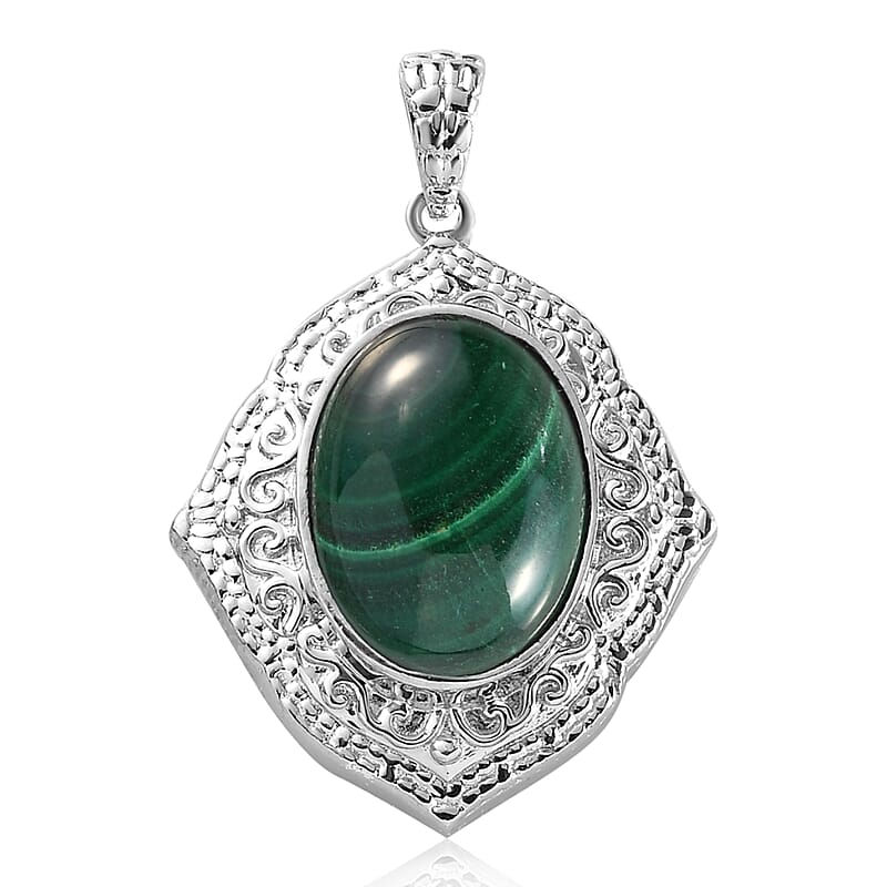 African Malachite Solitaire Pendant in Platinum Over Copper with Magnet 11.50 ctw