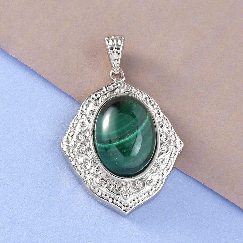 African Malachite Solitaire Pendant in Platinum Over Copper with Magnet 11.50 ctw