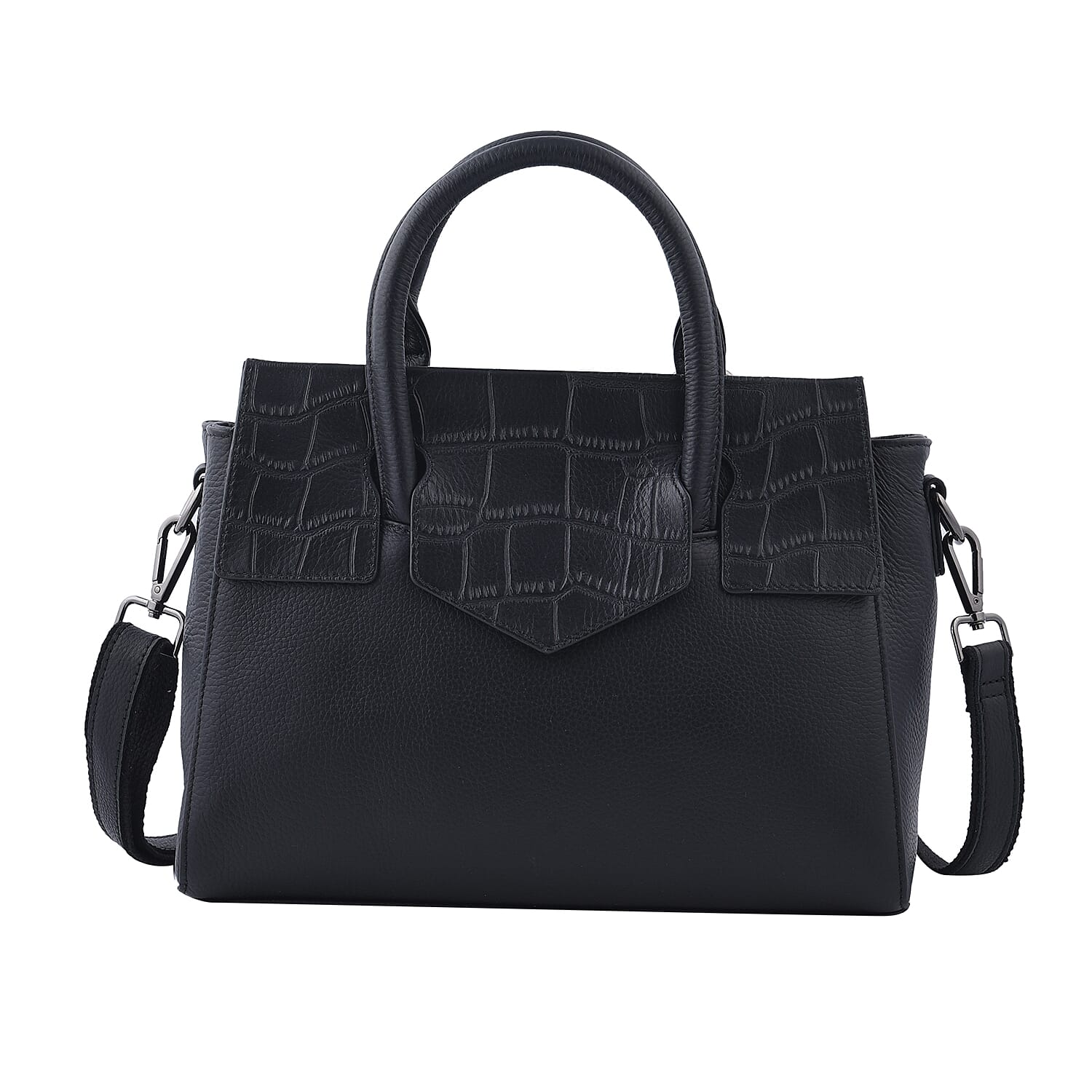 Black Color Stone Embossed Pattern Genuine Leather Tote Bag with Handle Drop and Shoulder Strap