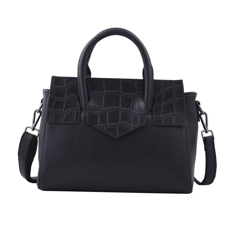 Black Color Stone Embossed Pattern Genuine Leather Tote Bag with Handle Drop and Shoulder Strap