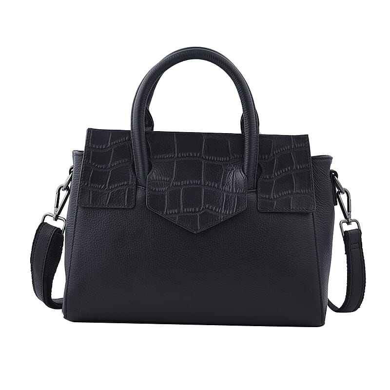 Black Color Stone Embossed Pattern Genuine Leather Tote Bag with Handle Drop and Shoulder Strap