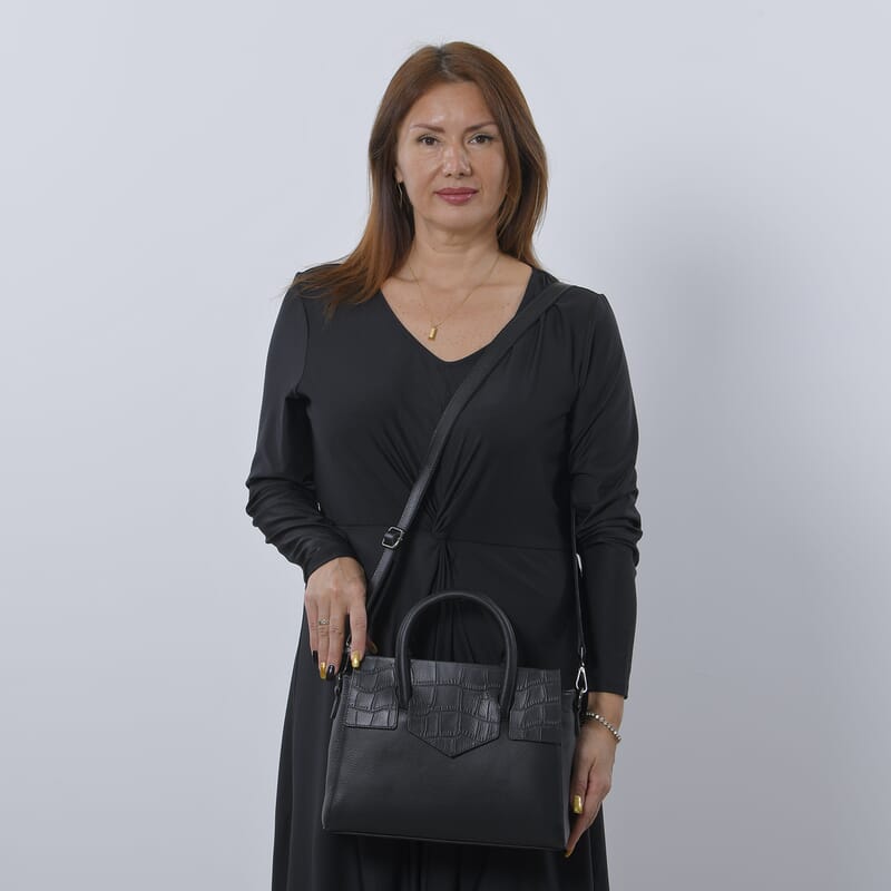 Black Color Stone Embossed Pattern Genuine Leather Tote Bag with Handle Drop and Shoulder Strap