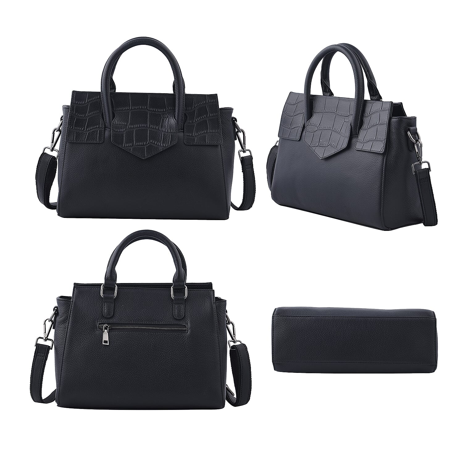 Black Color Stone Embossed Pattern Genuine Leather Tote Bag with Handle Drop and Shoulder Strap