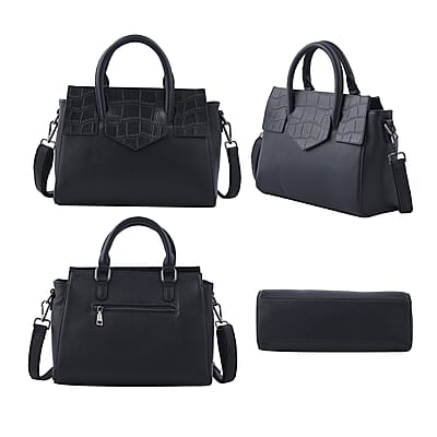 Black Color Stone Embossed Pattern Genuine Leather Tote Bag with Handle Drop and Shoulder Strap